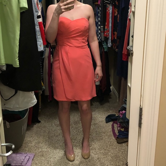 Bright pink/coral strapless chiffon dress - Picture 1 of 3